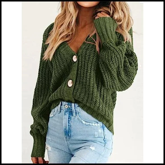 Chunky Knit Open Front Cardigan, Long Sleeve Button Loose Sweater, Women's - Picture 3 of 7